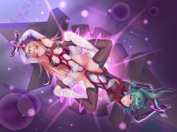 2girls absurd_res arms_above_head big_breasts blonde_hair blue_eyes bondage bound bound_legs bound_together bound_wrists breasts cameltoe clothed clothed_female female female_only femsub floating green_hair hi_res long_hair magic_bondage monolith_soft multiple_girls multiple_subs mythra nintendo pgdgzz pneuma_(xenoblade) rope rope_between_breasts rope_bondage rope_harness stockings submissive submissive_female thighhighs xenoblade_(series) xenoblade_chronicles_2 yellow_eyes