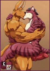 anthro biceps duo felid genitals hi_res hybrid kangaroo kissing macropod male mammal marsupial muscular muscular_anthro muscular_male nexus pantherine pecs penis semple tail vein veiny_penis