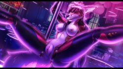 absurd_res anthro canid canine cybernetic_eye cybernetic_limb cybernetics cyberpunk dancing ember_river fox hi_res machine mammal nayra_anderson neon_lights nude_anthro nude_female pole pole_dancing spread_legs spreading vulpkanin