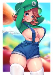 arms_behind_head big_breasts breasts female female_only huge_breasts looking_at_viewer luigi_(cosplay) mario_(series) nintendo nipples overalls princess_daisy raised_shirt raised_shirt_under_overalls solo sugarbell tagme thick_thighs