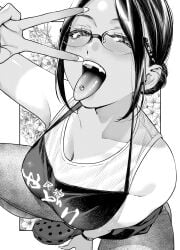 andouyu breasts cleavage female glasses hair_bun mature_female monochrome short_hair yadori_hana