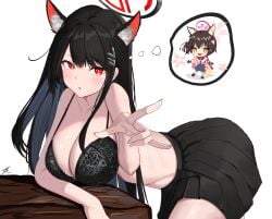 allied_hyakkiyako_academy_student animal_ear_fluff animal_ears bare_arms bare_shoulders black_bra black_hair black_skirt blue_archive bra breasts chibi cleavage collarbone cowboy_shot female from_side grey_pupils hair_ornament hairclip halo hand_up izuna_(blue_archive) jesh_art large_breasts leaning_forward leaning_on_object light_blush long_hair looking_at_viewer looking_to_the_side millennium_science_school_student miniskirt ninjutsu_research_club_(blue_archive) parted_lips pleated_skirt print_bra red_eyes rio_(blue_archive) seminar_(blue_archive) sidelocks skirt solo_focus straight_hair thought_bubble topless underwear white_background