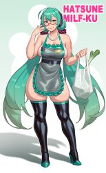 1girls absurd_res apron bag big_breasts big_butt black_legwear curvy english_text female female_only glasses hatsune_miku jewelry looking_at_viewer looking_back married_woman milf pearl_necklace plump rizdraws sideboob skindentation smiling smiling_at_viewer smirk smirking solo text thick_ass thick_thighs thigh_squish thighhighs thighs thighs_bigger_than_head thin_waist twintails vocaloid white_background