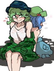 1futa 1girls blue_hair blush blush_lines cum cum_through_clothes green_eyes green_hair hat horny_futa light-skinned_female nitori_kawashiro okinanocanvas tagme takane_yamashiro tongue_out touhou yuri