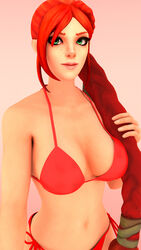 1girls 3d bikini bra braid braided_hair braided_ponytail breasts cassie_(paladins) cleavage collarbone female female_only freckles geckoscave green_eyes human large_breasts long_hair looking_at_viewer navel normal_breasts paladins ponytail red_bra red_hair red_swimsuit solo swimsuit