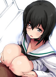 1boy black_hair black_neckwear blue_eyes blush breasts breasts_out choker collarbone eyebrows_visible_through_hair female gengoroh girls_und_panzer glasses kawashima_momo large_breasts looking_up monocle nipples no_bra ooarai_school_uniform open_mouth paizuri puffy_nipples school_uniform shirt_lift short_hair