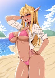 1girls absurdres beach bikini breasts choker collarbone dark-skinned_female dark_skin day dress_shirt female gyaru hand_behind_head hand_on_hip highres kogal kuro_gyaru large_breasts long_hair looking_at_viewer nail_polish navel o-ring o-ring_bikini open_clothes open_mouth open_shirt original outdoors pink_bikini pink_choker pink_lips pink_nails red_eyes shirt sidelocks sky smh1069 smile solo swimsuit two_side_up white_shirt