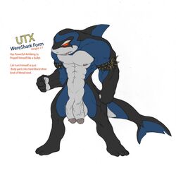 abs anthro balls belt diphallia diphallism english_text flaccid full_body male male_only multi_penis muscular muscular_male penis shark solo standing testicles utx-shapeshifter