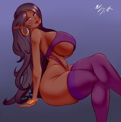 1girls big_lips bracelet breasts clothed curvaceous dark-skinned_female dark_skin earrings elf female female_only freckles gold gold_jewelry gradient_background huge_breasts humanoid jewelry lingerie lipstick long_ears long_hair looking_at_viewer mr_sithums original_character purple_eyes purple_legwear red_lipstick revealing_clothes side_view signature sitting skimpy skindentation solo thick_thighs thighhighs underboob vanessa_(live_for_the_funk) very_long_hair voluptuous