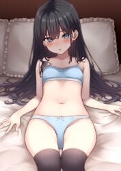 1girls absurdres asashio_(kancolle) bed black_hair black_thighhighs blue_bra blue_eyes blue_panties blush bow bow_bra bow_panties bra breasts collarbone commentary_request crotch_seam frilled_pillow frills hair_between_eyes highres kantai_collection long_hair looking_at_viewer lying navel nuka_(nvkka) on_back on_bed panties pillow small_breasts solo stomach thighhighs training_bra underwear underwear_only white_bow