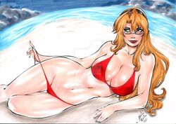 2017 beach belly_button big_breasts bikini black_hairband blonde_hair blue_eyes blue_nail_polish blue_nails bra breasts busty cloud clouds curvaceous curvy dated deviantart ed_benes_studio erect_nipples eyeshadow freezing_(series) glasses hairband lanio_sena large_breasts long_hair lying lying_down lying_on_side mascara midriff nail_polish navel nipple_bulge nipples nipples_visible_through_clothing ocean panties panty_pull panty_tug red_bikini red_bra red_lips red_lipstick red_panties red_thong sand satellizer_el_bridget signature stomach swimsuit thick_thighs thighs thong voluptuous water watermark