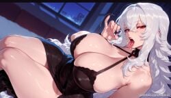 ai_generated azur_lane balecxi bare_shoulders black_dress cleavage crossed_bangs fellatio_gesture female graf_zeppelin_(azur_lane) hair_between_eyes huge_breasts long_hair looking_at_viewer official_alternate_costume open_mouth red_eyes saliva solo sweat thighs tongue tongue_out white_hair