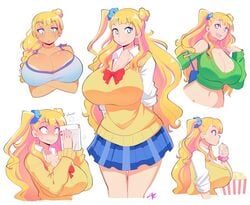 1girls 2018 big_breasts blonde_hair blue_eyes blush breasts cleavage clothed clothing galko gyaru hair_bun hair_ornament huge_breasts long_hair midriff oshiete!_galko-chan plaid_skirt popcorn school_uniform schoolgirl simple_background skirt solo solo_female solo_focus sweater tan theycallhimcake white_hair