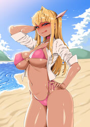 :q absurdres beach bikini blush breasts choker collarbone day dress_shirt female gyaru hand_behind_head hand_on_hip highres kogal kuro_gyaru large_breasts licking_lips long_hair looking_at_viewer nail_polish naughty_face navel nose_blush o-ring o-ring_bikini open_clothes open_shirt original outdoors pink_bikini pink_choker pink_lips pink_nails red_eyes shirt sidelocks sky smh1069 solo swimsuit tongue tongue_out two_side_up white_shirt