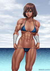 1girls abs arm_wraps artist_name avatar_legends big_breasts bikini bikini_pull bob_cut breasts brown_hair cleavage collarbone dark-skinned_female dark_skin elee0228 female female_only korra large_breasts lipstick looking_at_viewer muscles muscular muscular_female nipple_bulge onewasho pinup short_hair smile solo string_bikini swimsuit the_avatar the_legend_of_korra thick_thighs underboob water water_tribe