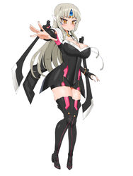 absurdres black_legwear blush boots breasts cleavage code:_nemesis_(elsword) elsword era_(erasion) eve_(elsword) female grey_hair headgear high_heels highres large_breasts long_hair looking_at_viewer nail_polish pink_nails simple_background smh1069 solo thigh_boots thighhighs white_background yellow_eyes