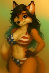 1girls 2025 4th_of_july after_transformation ai_generated american american_flag_bikini anthro big_breasts bikini black_hair black_nose breasts brown_tipped_ears curvy curvy_body curvy_female curvy_figure deviantart dipstick_tail dyed_hair european_to_american female furry green_eyes green_hair hand_on_hip holidays long_hair looking_at_viewer orange_body orange_fur smile tan_fur tipped_ears two-piece_swimsuit two_tone_body two_tone_fur worldfan2020 yellow_background