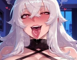 ahe_gao ai_generated azur_lane balecxi blurry_background blush breasts drooling female graf_zeppelin_(azur_lane) hair_between_eyes heart heart-shaped_pupils indoors long_hair open_mouth patreon_username red_eyes saliva solo sweat symbol-shaped_pupils teeth tongue tongue_out white_hair