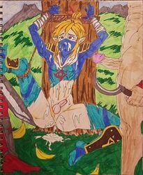 banana breath_of_the_wild cum_on_body gay handdrawn link male male_only mighty_banana ninja nintendo princeadam sheikah_link stealth_chest_guard stealth_mask stealth_tights the_legend_of_zelda tied_up traditional_media_(artwork) yaoi yiga_clan