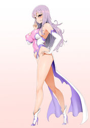 absurdres bare_shoulders breasts cleavage cleavage_cutout covered_nipples demon_girl elbow_gloves female finger_to_mouth gloves hand_on_hip high_heels highres large_breasts leotard long_hair original purple_eyes purple_hair shushing sideboob smh1069 solo succubus white_gloves