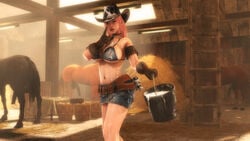 1girls 2boys 3d abs ass belt big_penis bikini bikini_top breasts bucket cleavage clothed cowboy_hat cowgirl cum cum_in_bucket cum_in_container cum_on_chin cum_on_clothes cum_on_face dead_or_alive denim_skirt farm female feral flared_penis furry gloves hat hay honoka_(doa) horse horsecock human index_finger_raised jean_skirt large_breasts male milking noname55 nude penis pink_hair shorts size_difference stable tecmo testicles zoophilia