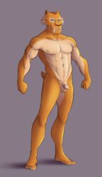 anthro blue_sky_studios diego_(ice_age) felid feline green_eyes grey_background hi_res humanoid_penis ice_age_(film) ice_age_(series) looking_at_viewer machairodontine male male_only mammal muscular muscular_male navel nude penis sabertooth_(disambiguation) simple_background solo standing zetsubouironfang