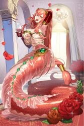 armpits artist_request lamia large_breasts miia's_mother_(monster_musume) milf monster_musume_fantastic_life monster_musume_no_iru_nichijou naga orange_eyes pink_hair skimpy_clothes tagme wine