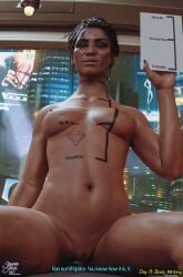 1girls 3d alternate_version_at_source body_writing breasts cd_projekt_red cyberpunk_2077 dark-skinned_female dark_skin dialogue female native_american nipples panam_palmer pussy semper_jack solo text