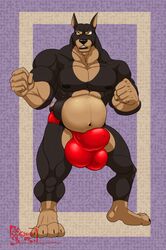 2019 4_toes 5_fingers abs anthro balls biceps big_balls black_skin bulge canid canine canis clothed clothing digitigrade dobermann domestic_dog fist gloves_(marking) hungothenomster leg_markings male male_only mammal markings multicolored_skin musclegut muscular muscular_male muscular_thighs pecs pinscher simple_background slightly_chubby socks_(marking) solo solo_male standing tan_skin tight_underwear toes topless two_tone_skin underwear yellow_eyes