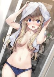1girls after_bathing black_panties blonde_hair blue_eyes blush breasts commentary_request convenient_censoring drying drying_hair hair_between_eyes hair_censor hair_over_breasts hands_up highres holding holding_towel indoors long_hair looking_at_viewer medium_breasts navel open_mouth original panties smile solo stomach topless_female towel towel_on_head unasaka_ryou underwear underwear_only wet