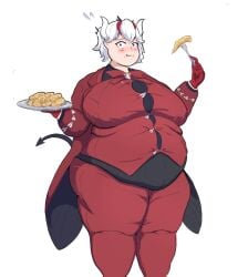 bbw beelzebub_(helltaker) belly_overhang big_belly caught caught_in_the_act chubby_cheeks demon demon_girl demon_horns demon_tail drunk_butterfly eating fat huge_breasts wardrobe_malfunction white_hair wide_hips