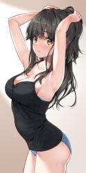 1girls armpits arms_up black_hair blue_bra blue_panties bra breasts cleavage closed_mouth commentary_request hands_in_hair highres hot lips long_hair looking_at_viewer medium_breasts original panties solo standing sweat thighs unasaka_ryou underwear wet wet_hair yellow_eyes