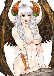 1girls 2017 angelus arm_guard arm_guards belly_button big_breasts big_horns breasts brown_wings busty cliff curvaceous curvy dated deviantart ed_benes_studio eyeshadow female female_only hair_covering_breasts horns image_comics lanio_sena large_breasts long_hair mascara midriff monster_girl nail_polish naked navel no_bra no_panties nude orange_eyes orange_sclera pinup red_lips red_lipstick signature solo stomach the_darkness top_cow voluptuous watermark white_hair wings