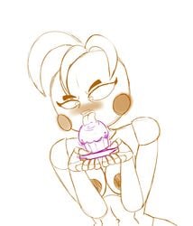 animatronic arms belly blush breasts chicken cupcake drawn eyebrows eyes female fingers five_nights_at_freddy's hands hips licking mouth nipples notarealdoctor robot shoulders sketch squished_breasts tongue tongue_out toy_chica_(fnaf)