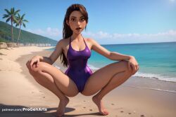 1girls ai_generated barefoot beach blue_sky breasts brown_eyes brown_hair cameltoe cleavage cloud collarbone covered_navel day facial_mark full_body hi_res jurassic_park jurassic_world jurassic_world_camp_cretaceous jurassic_world_chaos_theory lips long_hair looking_at_viewer medium_breasts mole mole_under_eye netflix nose ocean one-piece_swimsuit outdoors palm_tree parted_lips progenarts purple_one-piece_swimsuit realistic sand sky solo spread_legs squatting swimsuit toes tree watermark web_address yasmina_fadoula_(jurassic_world)