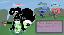 1boy 1futa 2girls alexon_(alexonjaychara) alexonjaychara bella_(screwroot) better_version_at_source erection female futa_on_female futanari gameplay_mechanics health_bar huge_cock humanoid humanoid_penis intersex male oc on_back penis sex slime slime_girl thighhighs vaginal_penetration