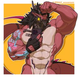 1:1 2_horns abs alvintanubis anthro arm_tattoo barcode barcode_tattoo biceps black_claws black_clothing black_gloves black_handwear black_horn black_sclera blue_tattoo cellphone chen_(alvintanubis) claws clothing cybernetic_jaw cybernetics deltoids dragon electronics finger_claws fingerless_gloves flower_tattoo forearm_muscles gloves hair handwear hi_res holding_cellphone holding_object holding_phone horn long_hair machine male max_wovenom muscles mythological_creature mythological_scalie mythology navel obliques pecs phone red_body red_scales scales scalie serratus shoulder_tattoo solo solo_male tail tattoo triceps yellow_eyes