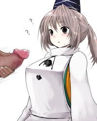 1boy ? blush breasts censored clothing commentary_request dark-skinned_male eyebrows_visible_through_hair female grey_eyes grey_hair han_(jackpot) hat large_breasts long_sleeves looking_at_penis male_masturbation masturbation mononobe_no_futo mosaic_censoring motion_lines open_mouth out_of_frame penis_awe ponytail precum short_hair simple_background solo_focus sweat tate_eboshi touhou upper_body white_background