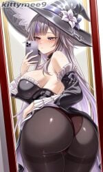 ai_assisted ai_generated ass_focus bangs bare_shoulders big_breasts black_dress black_headwear black_pantyhose cleavage detached_sleeves dress dynamic_angle female foreshortening frills herta_(honkai:_star_rail) holding_phone honkai:_star_rail honkai_(series) long_sleeves mirror mirror_selfie mirrorselfieill multicolored_hair pantyhose solo