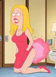 ai_assisted ai_generated american_dad animated animated blonde_female blonde_hair bottomless bottomless_female eproctophillia fart fart_cloud fart_everywhere fart_fetish farting farts francine_smith kneeling lifting_dress milf pink_fart