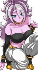 1girls android_21 bare_shoulders blue_eyes blush busty cleavage dragon_ball dragon_ball_fighterz dragon_ball_z looking_up_at_viewer pink_skin takundraws white_background white_hair