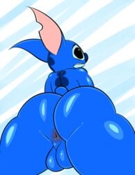 2019 alien anus ass back_markings backsack balls big_ass big_butt black_eyes blue_fur blue_nose disney experiment_(species) fur head_markings hi_res lilo_and_stitch looking_at_viewer male male_only markings notched_ear nude occipital_markings simple_background small_tail solo stitch thick_thighs vun