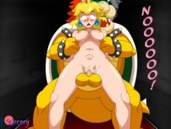 1boy 1girls big_balls blonde_hair bowser breasts cum cum_in_pussy cum_inside dreary female indoors internal internal_cumshot interspecies lifting long_hair male mario_(series) navel nintendo nipples nude penis princess princess_peach rape royalty sex size_difference standing stomach_bulge testicles text unwanted_creampie unwanted_cumshot vaginal_penetration