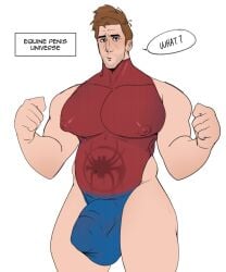 balls bara big_penis bulge flaccid gay horsecock human_with_animal_genitalia human_with_horsecock lifting_person male male_only marvel marvel_comics muscles muscular penis peter_b_parker peter_parker scruffley solo solo_male spider-man:_into_the_spider-verse spider-man_(series) spread_legs