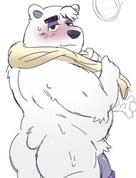 2019 aggressive_retsuko anthro ass bathing belly blush fur loneliestbara male male_only mammal overweight overweight_male penis polar_bear sanrio shirota simple_background smooth_fur solo towel ursid ursine white_background white_fur