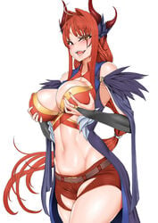 bare_shoulders belt black_feathers black_shorts blush breast_lift breasts bridal_gauntlets cleavage commission covered_nipples cowboy_shot dragon_horns feathers female grin hair_intakes heterochromia highres horns large_breasts long_hair looking_at_viewer low-tied_long_hair nail_polish navel original pink_nails red_eyes red_hair shorts simple_background slit_pupils smh1069 solo stomach torn_clothes torn_shorts very_long_hair white_background yellow_eyes