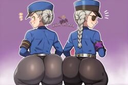 ai_assisted ai_generated ass ass_focus ass_to_ass big_ass bubble_butt caroline_(persona_5) clothed embarrassed from_behind hentaiqrusader huge_ass justine_(persona_5) looking_back persona persona_5 persona_5_royal simple_background smile thick_ass thick_thighs tight_clothing twins