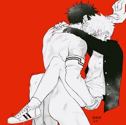 2boys ass izuku_midoriya katsuki_bakugou male megane_o__o monochrome multiple_boys my_hero_academia nude red_background sex standing yaoi