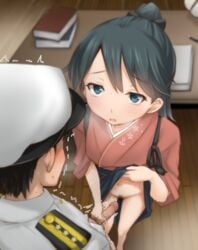 1boy admiral_(kantai_collection) black_hair blue_eyes blurry blush book censored depth_of_field desk emphasis_lines female foreshortening groin hair_ribbon hakama handjob hat highres houshou_(kantai_collection) kantai_collection male_pubic_hair military military_uniform navel no_panties penis pubic_hair reverse_grip_handjob ribbon skirt skirt_lift speed_lines tori_(minamopa) twitching uniform