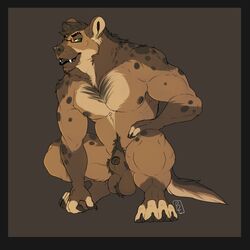 1:1 2017 animal_genitalia anthro ball_tuft balls bambii_dog bedroom_eyes belly big_muscles brown_background brown_fur brown_theme crouching eyewear fur glasses green_eyes half-closed_eyes hi_res hyaenid looking_at_viewer male male_only mammal musclegut muscular nipples nude penis penis_tip pubes seductive sheath simple_background slightly_chubby snout solo spotted_hyena